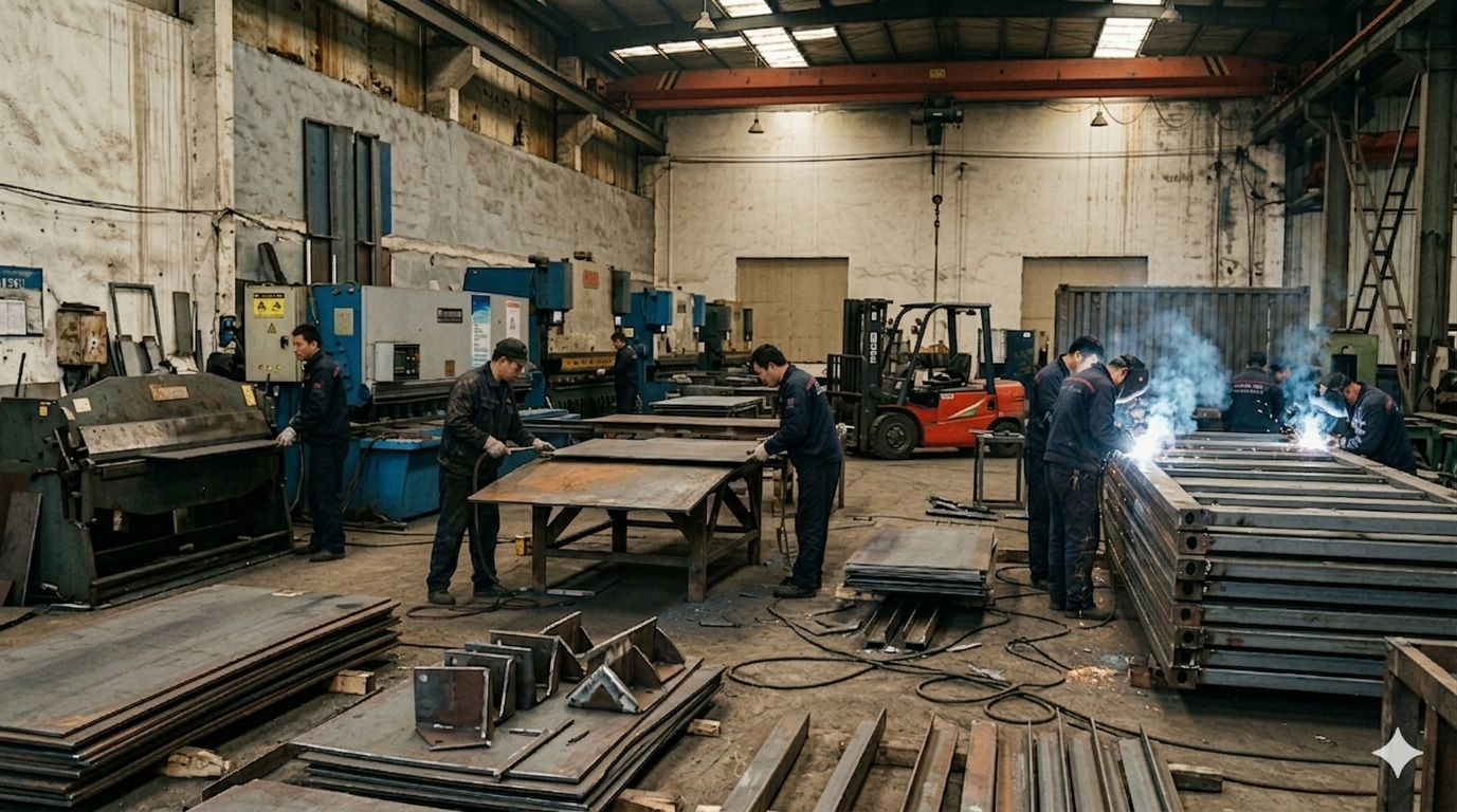 Metal fabrication workshop for container parts manufacturing